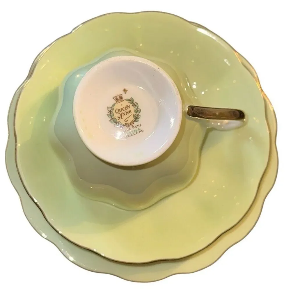 Vintage Queen Anne Fine Bone China Teacup, Saucer, & Tea Plate Trio Pastel green